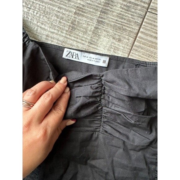 Zara Womens Medium Top Animal Leopard Print Organza Puff Vneck Sleeve Crop Black - Picture 3 of 8